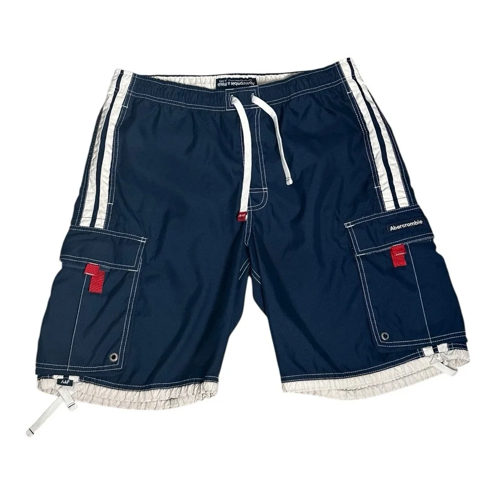 Vintage‎ Abercrombie & Fitch Cargo Swim Trunks Mens L Blue Drawstring Lined Mesh